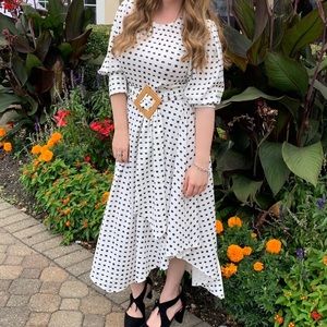 ASOS DESIGN printed midi tea dress with asymmetric skirt and woven buckle